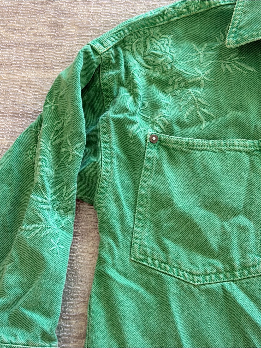 Zara Green Embroidered Snap-Front Denim Shirt Jacket Size 9-10 - Picture 4 of 12